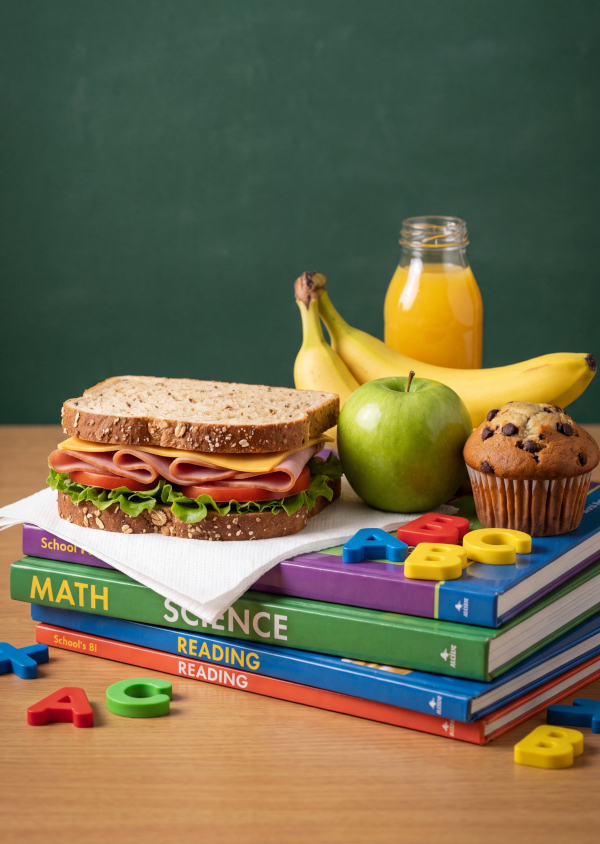 Schulbücher, auf denen ein belegtes Brot, ein Muffin und Obst liegen. Im Hintergrund eine Flasche Saft.
