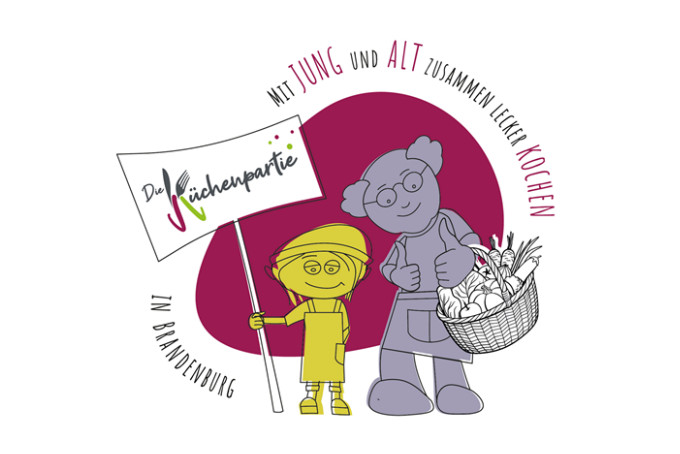 Das Logo der Küchenpartie Brandenburg. Auf dem Logo steht: "Mit Jung und Alt zusammen lecker kochen".